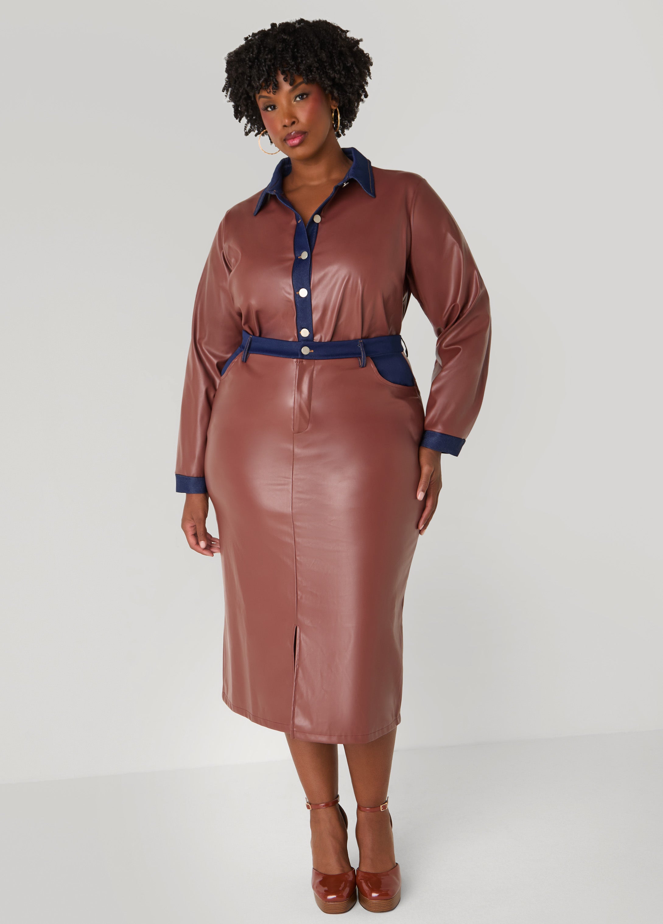 Plus Size Denim Trimmed Faux Leather Skirt