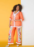 Plus Size Orange Floral Stamp Scuba Pants Two Piece Suit Matching Set