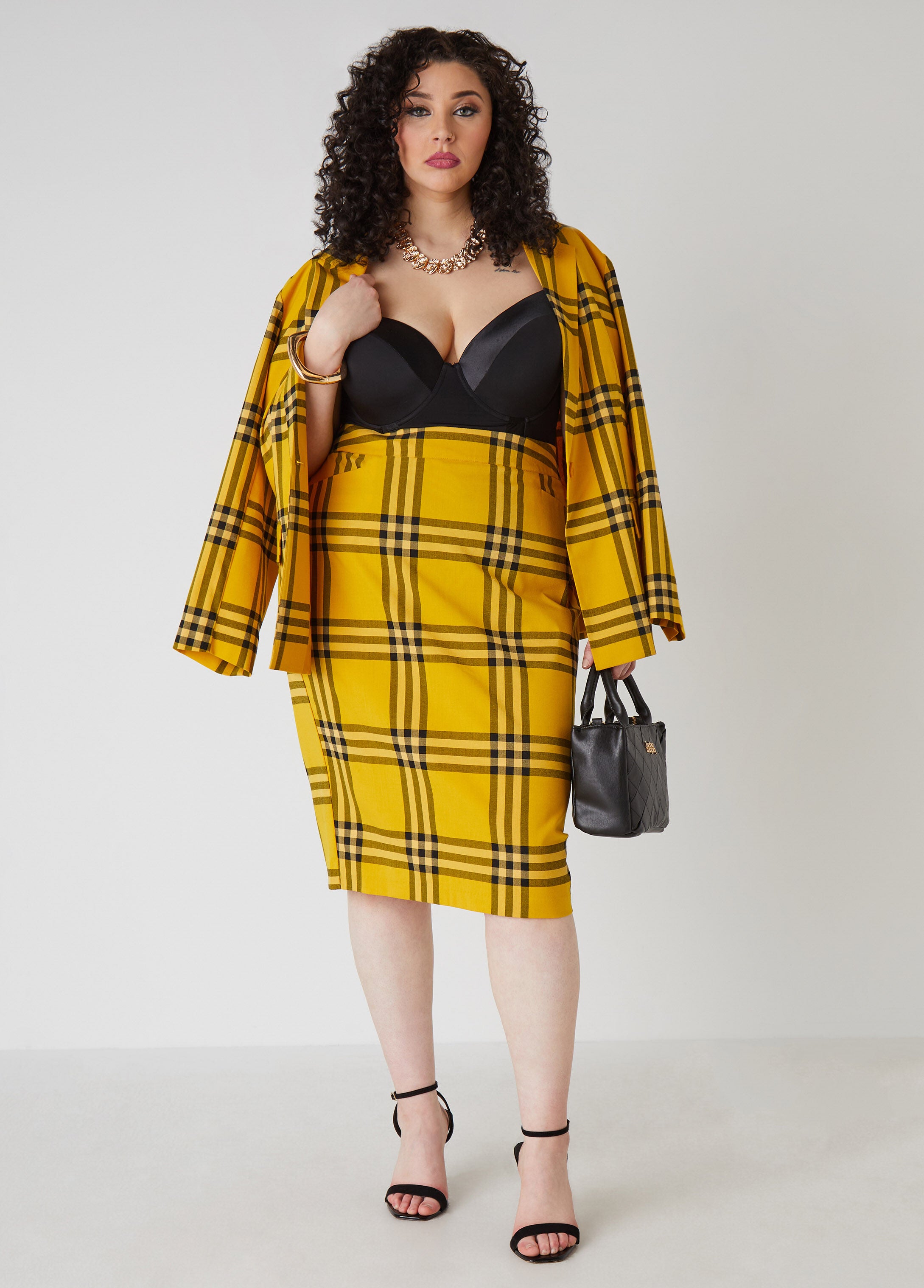 Pencil Skirt Black And White Yellow Plaid Skirt Plaid Plus Skirts