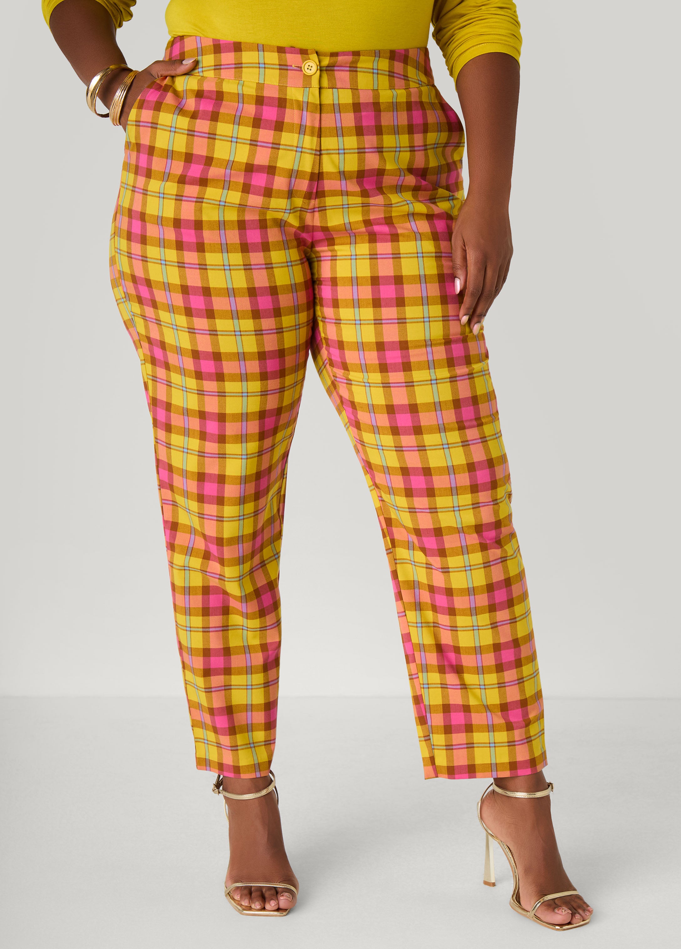 Plus Size Mid Rise Plaid Tapered Trousers