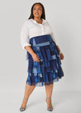 Denim Print Mesh Ruffle Skirt