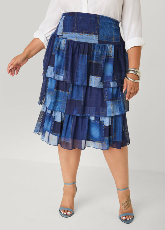 Denim Print Mesh Ruffle Skirt