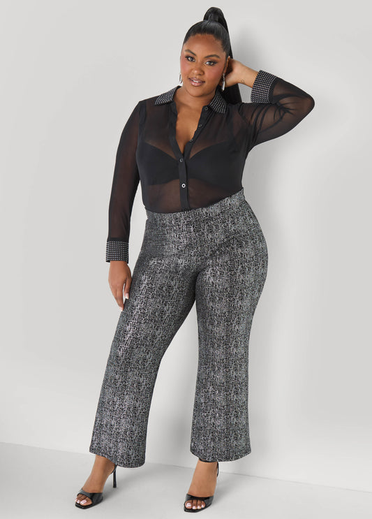 Plus Size Metallic Wide Leg Pants Plus Size Holiday Stretch Trousers