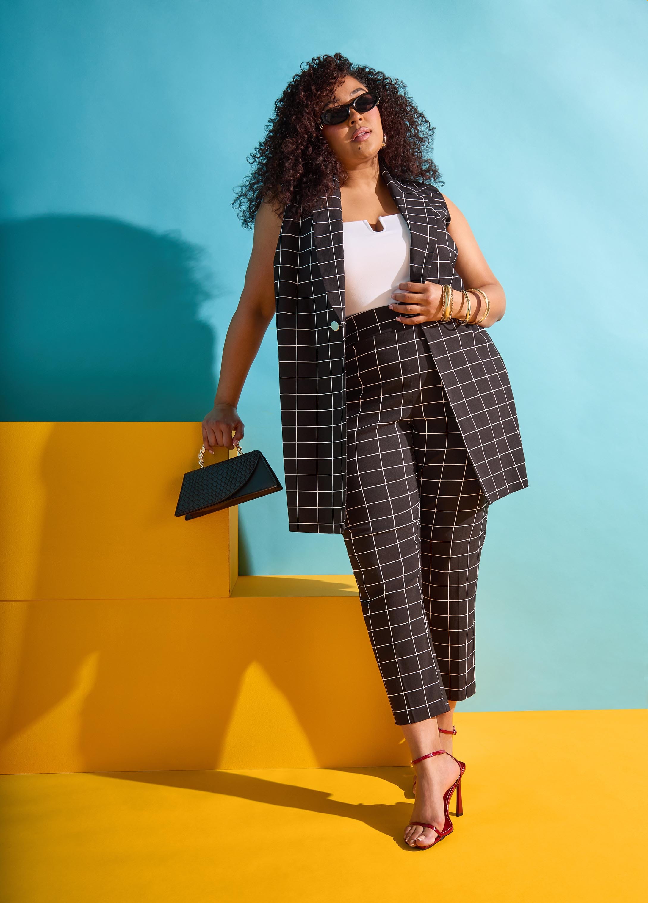Plus Size Millennium Checked Ankle Pants, Black White, 30/32