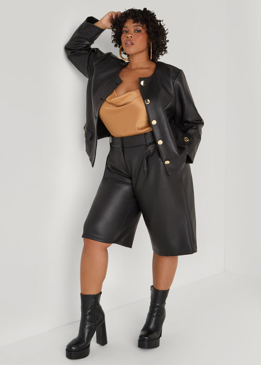 Plus Size Pleated Faux Leather Shorts