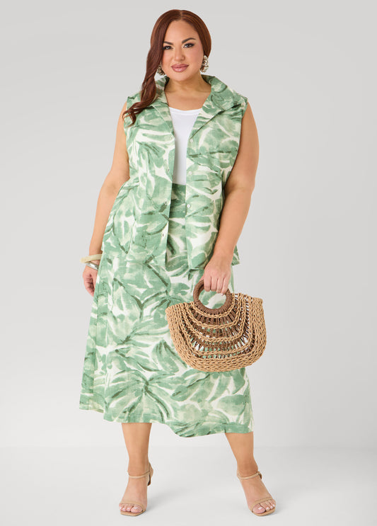 Palm Print Linen Blend Skirt