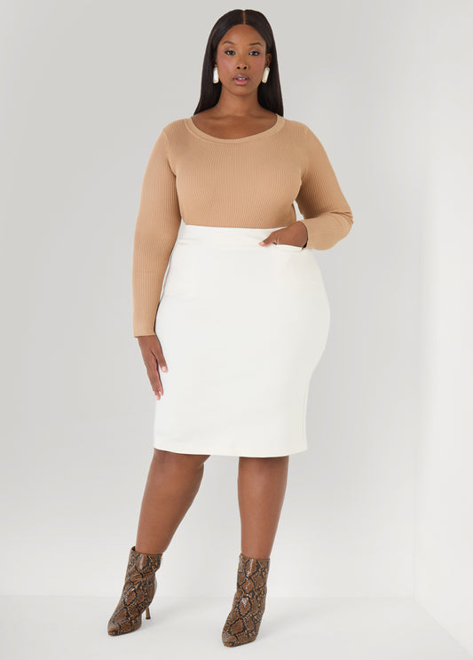 Plus Size Knee Length Skirt Ivory Pull On Skirt Pencil Skirt Set