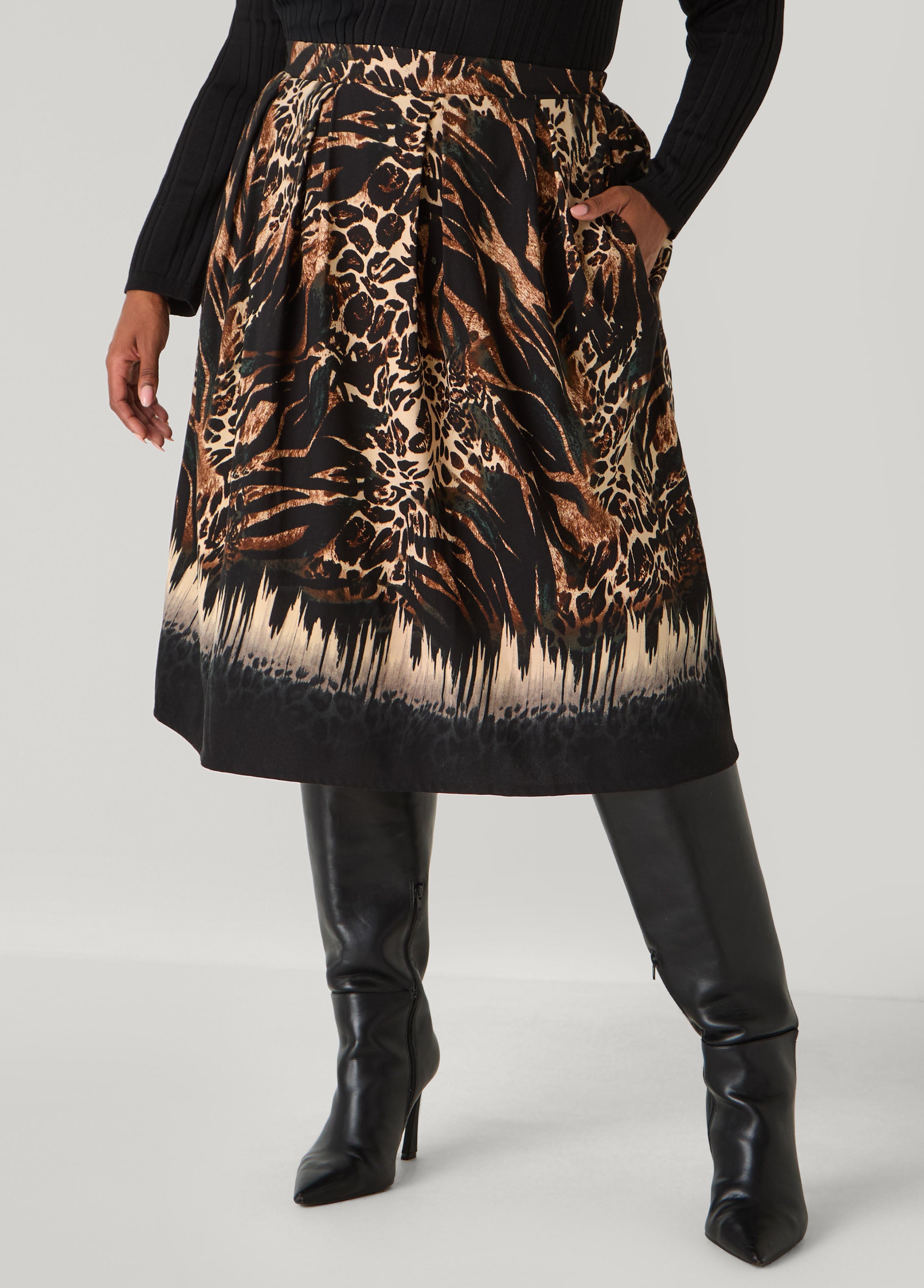 Plus Size Animal Print A Line Midi Skirt