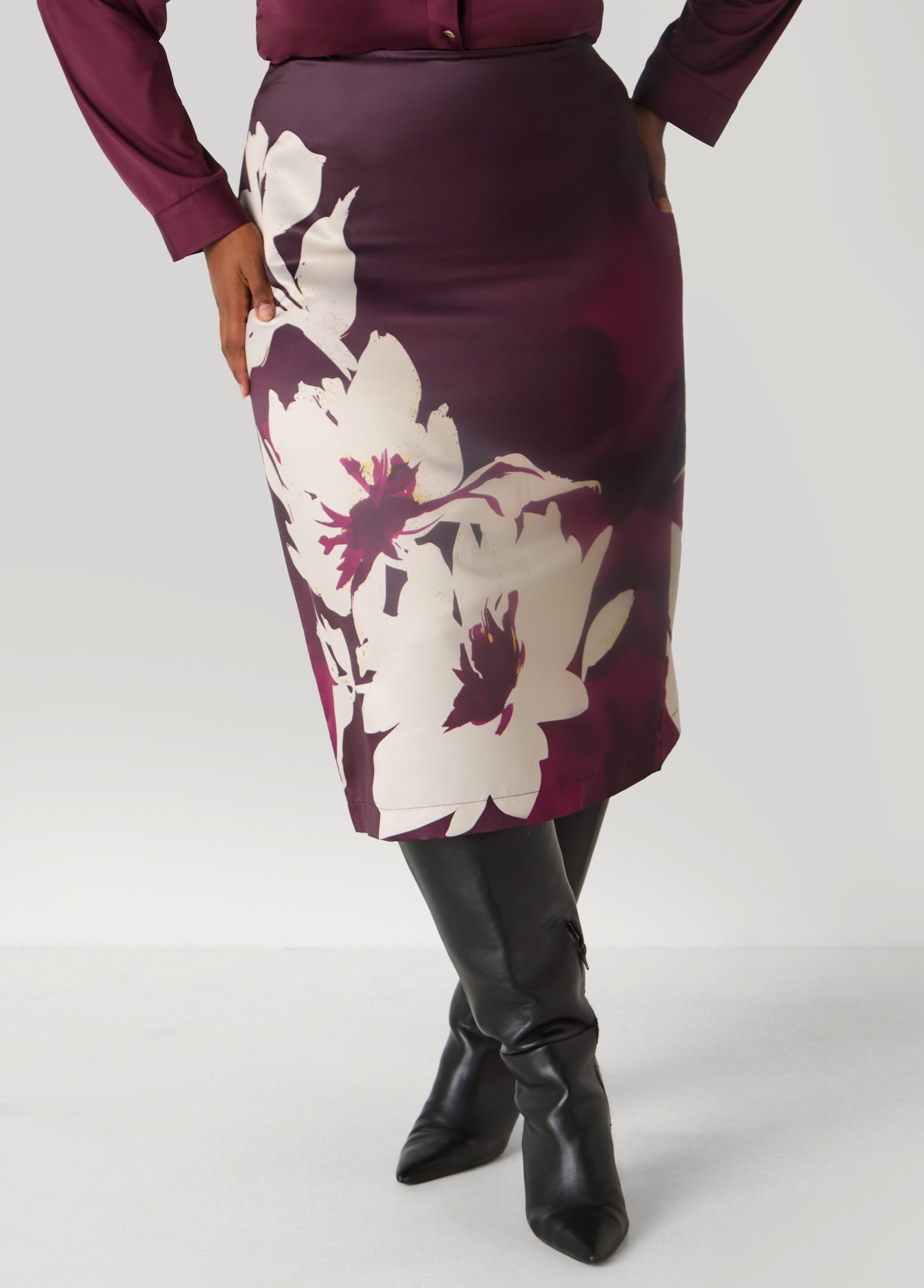 Plus Size Floral Satin Midi Skirt
