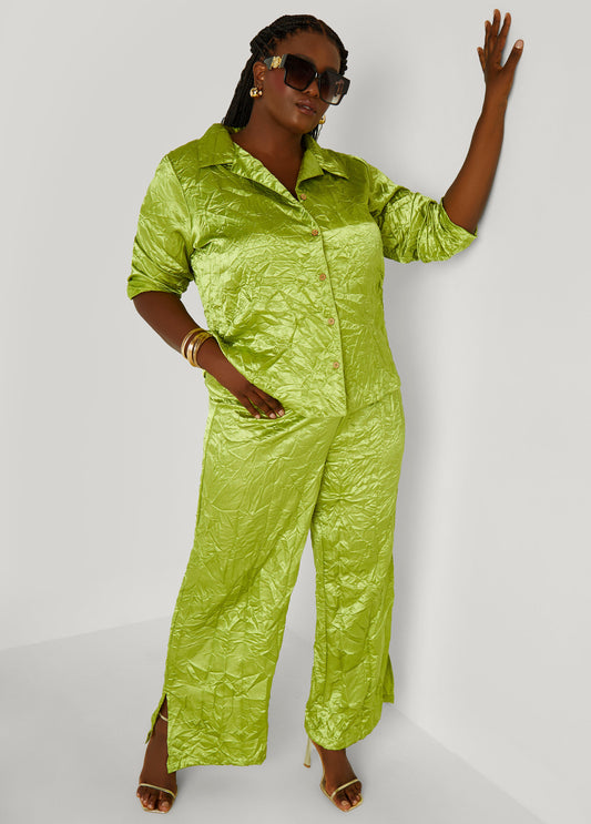 Plus Size Crinkled Satin Split Hem Pants
