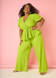 Plus Size textured knit pants wide leg trousers green matching set