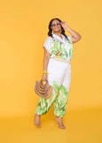 Plus Size Palm Print Satin Balloon Pants Joggers Two Piece Matching Set