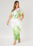 Plus Size Palm Print Satin Balloon Pants Joggers Two Piece Matching Set