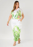 Plus Size Palm Print Satin Balloon Pants Joggers Two Piece Matching Set