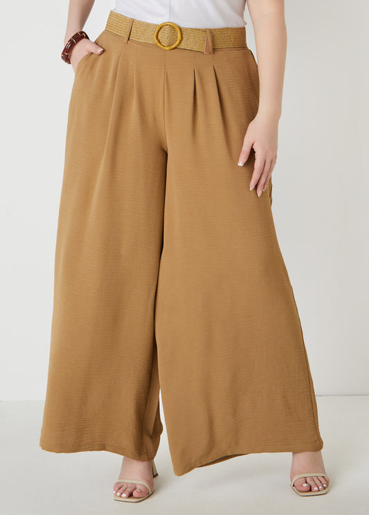 Belted Textured Wide Leg Pants