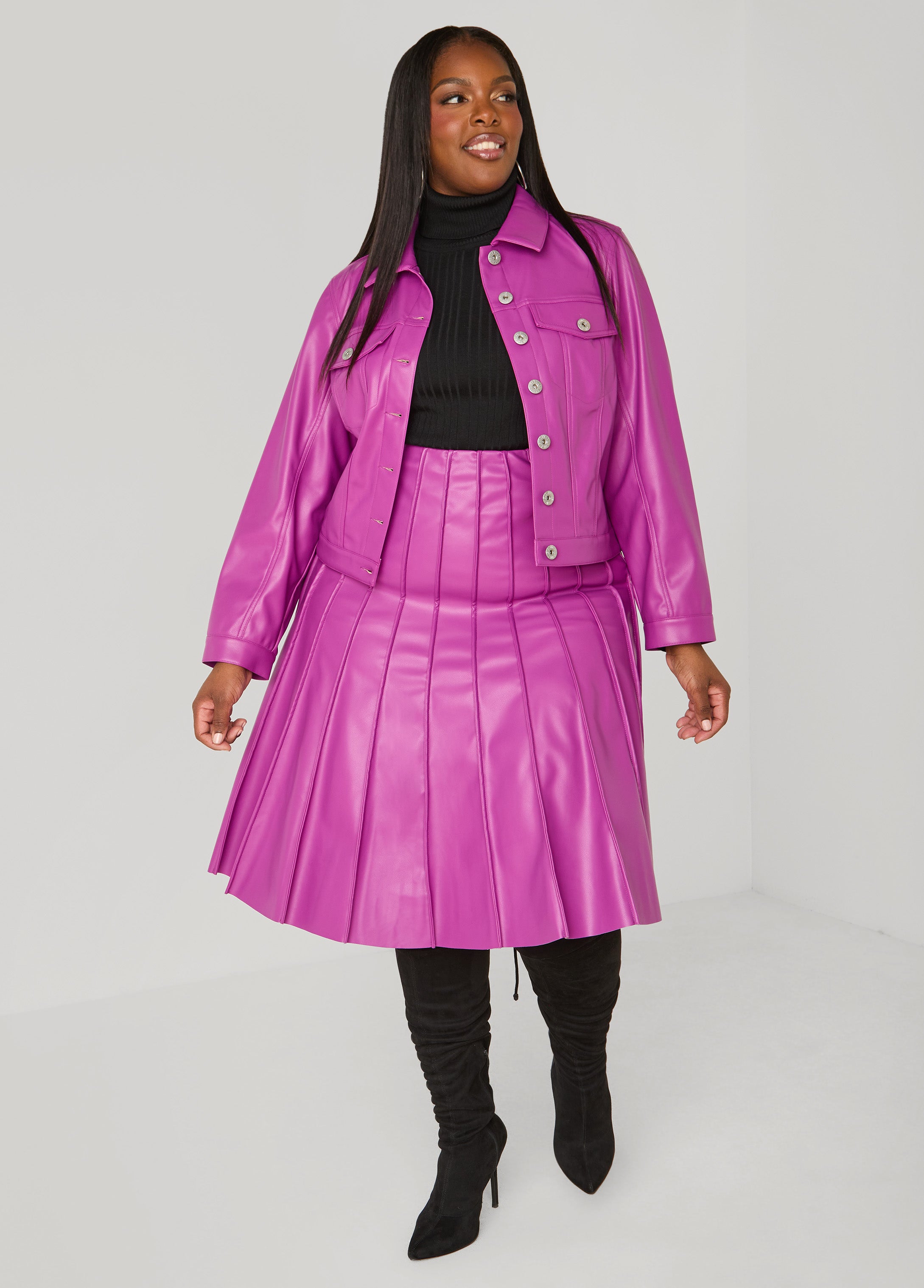 Harikae Pleated skirt スカート グリーンｘネオンピンク Pleated Faux Leather A Line Skirt – Ashley Stewart