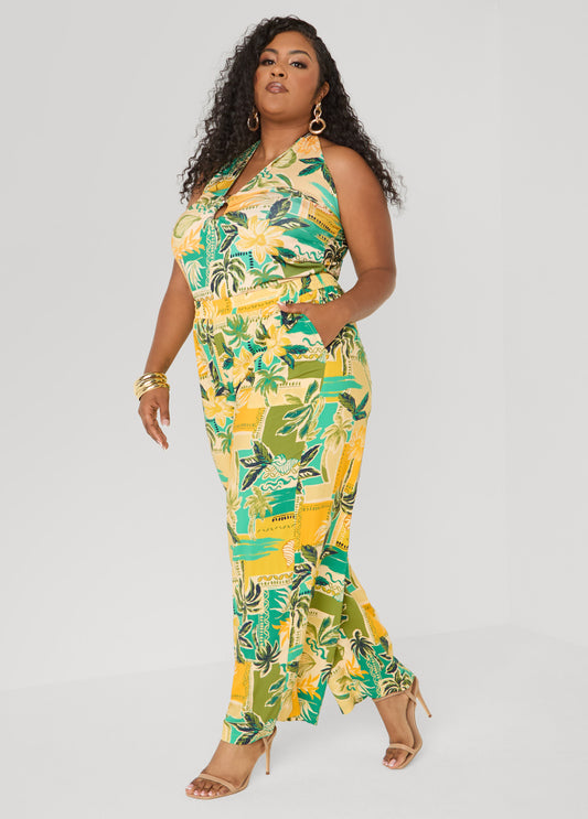 Tropical Print Wide Leg Pants