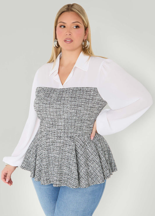 Paneled Boucle Peplum Top