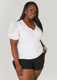 Puff Sleeve Paneled V Neck Tee