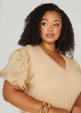 Puff Sleeve Paneled V Neck Tee