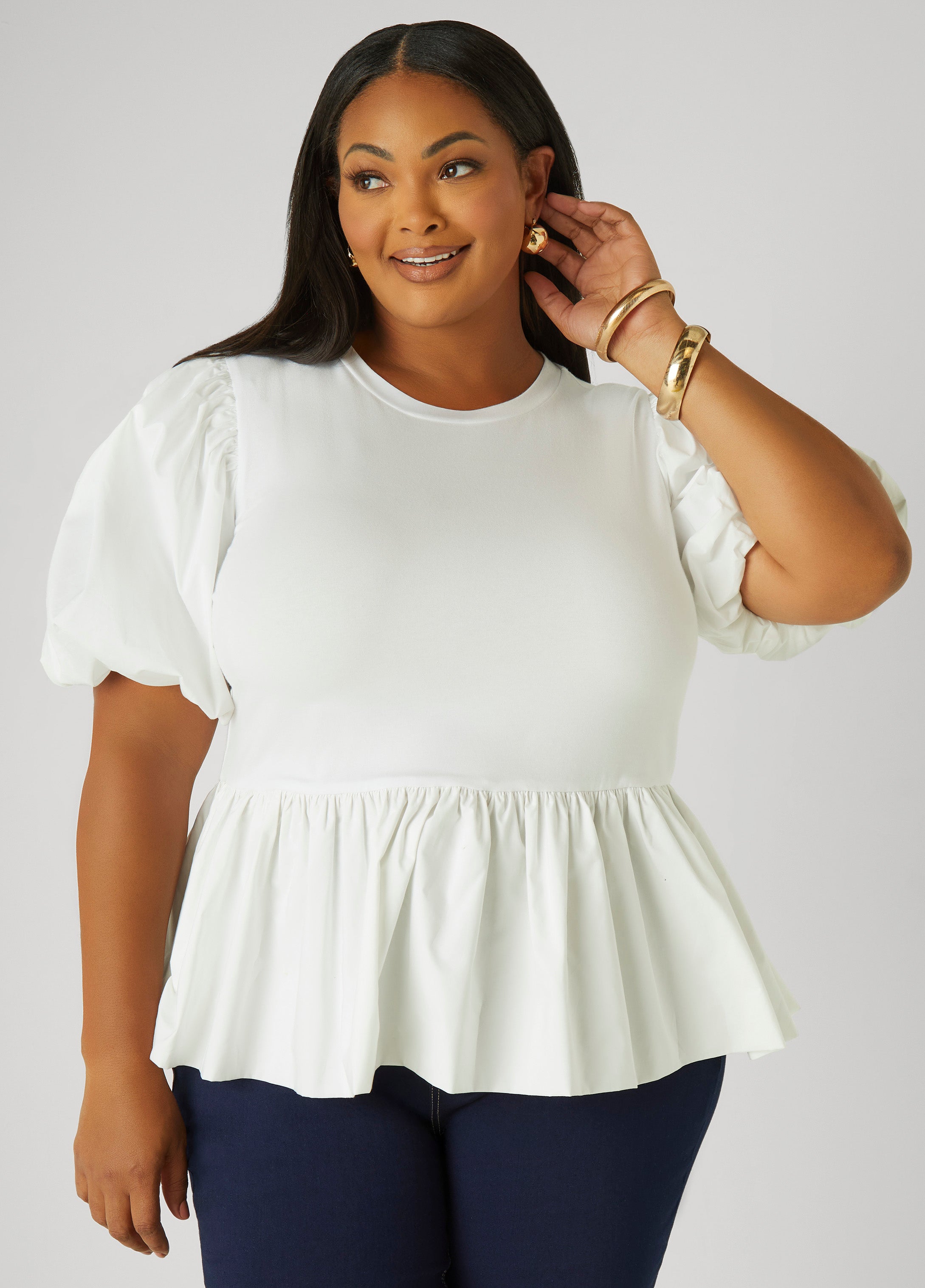 Puff Sleeve Ashley Stewart White Tops Ashley Stewart White Outfits