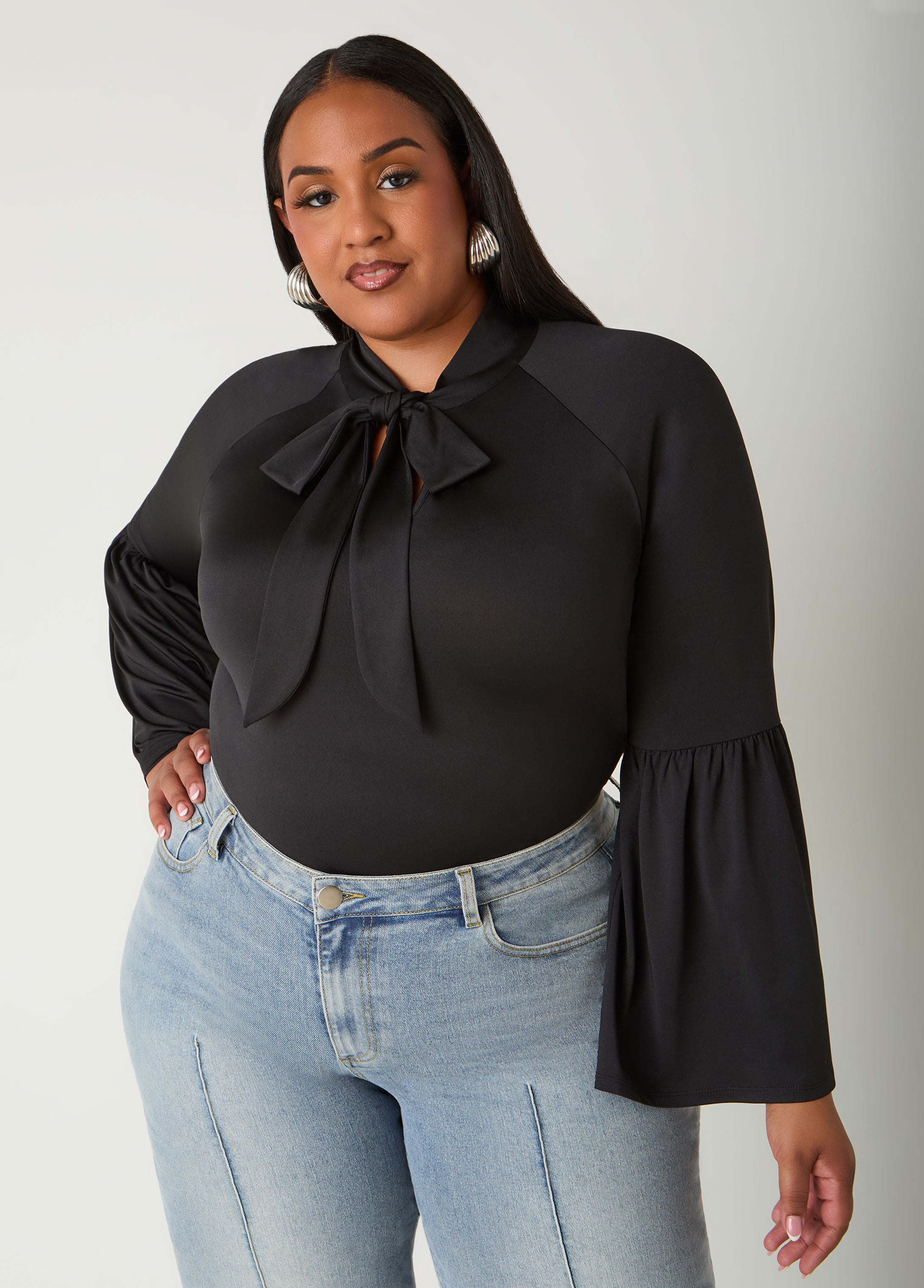Plus Size Bell Sleeved Tie Neck Top