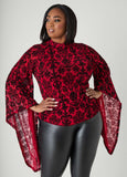 Plus Size Bell Sleeved Flocked Mesh Top