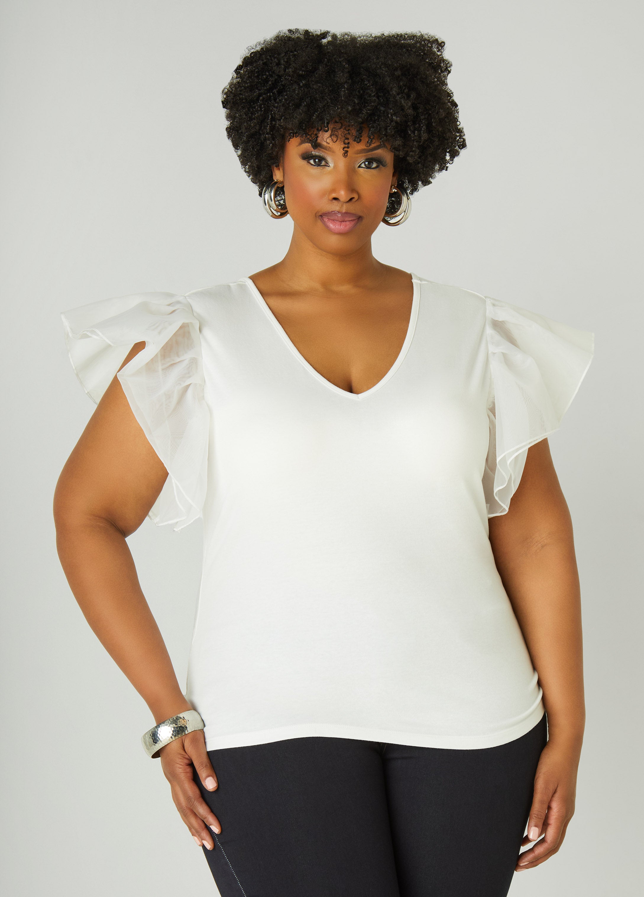 Plus Size Organza Sleeve Paneled Tee