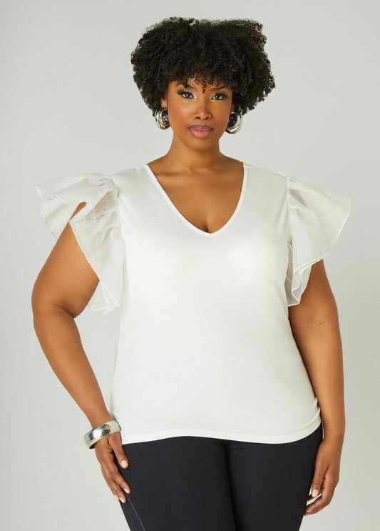 Plus Size Organza Sleeve Paneled Tee