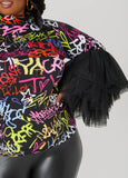 Graffiti Print Tiered Tulle Top