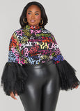 Plus Size Graffiti Print Tiered Tulle Top