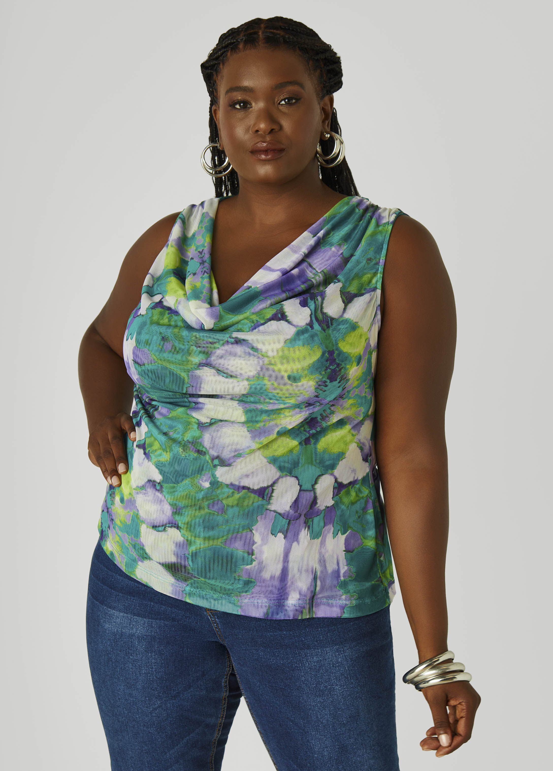 Plus Size Cowl Neck Printed Mesh Top