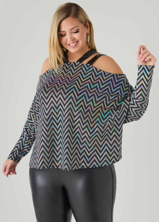 Plus Size Cold Shoulder Metallic Top