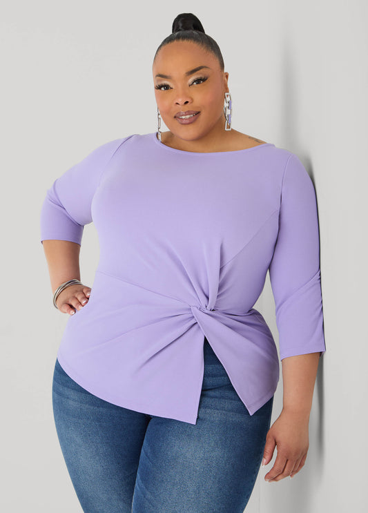 Plus Size Crepe Top Boat Neck Knotted Knit Business Casual Top