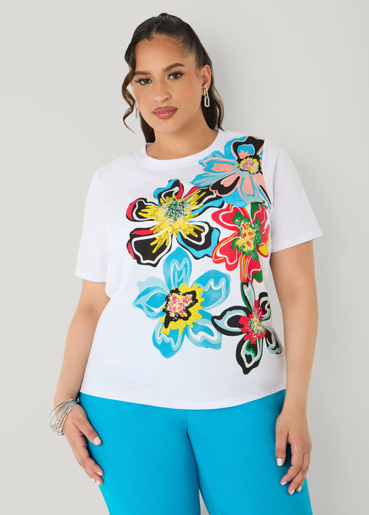 Glittered Floral Print Graphic Tee