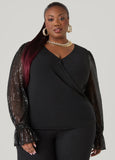Plus Size Sequin Mesh Paneled Faux Wrap Top
