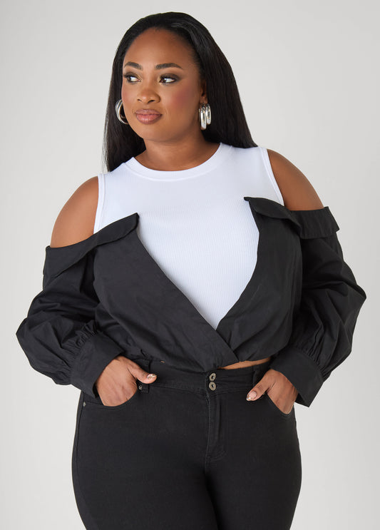 Cold Shoulder Paneled Poplin Top