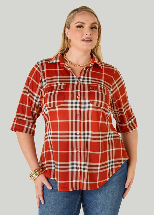 Cuffed Plaid Button Front Shirt