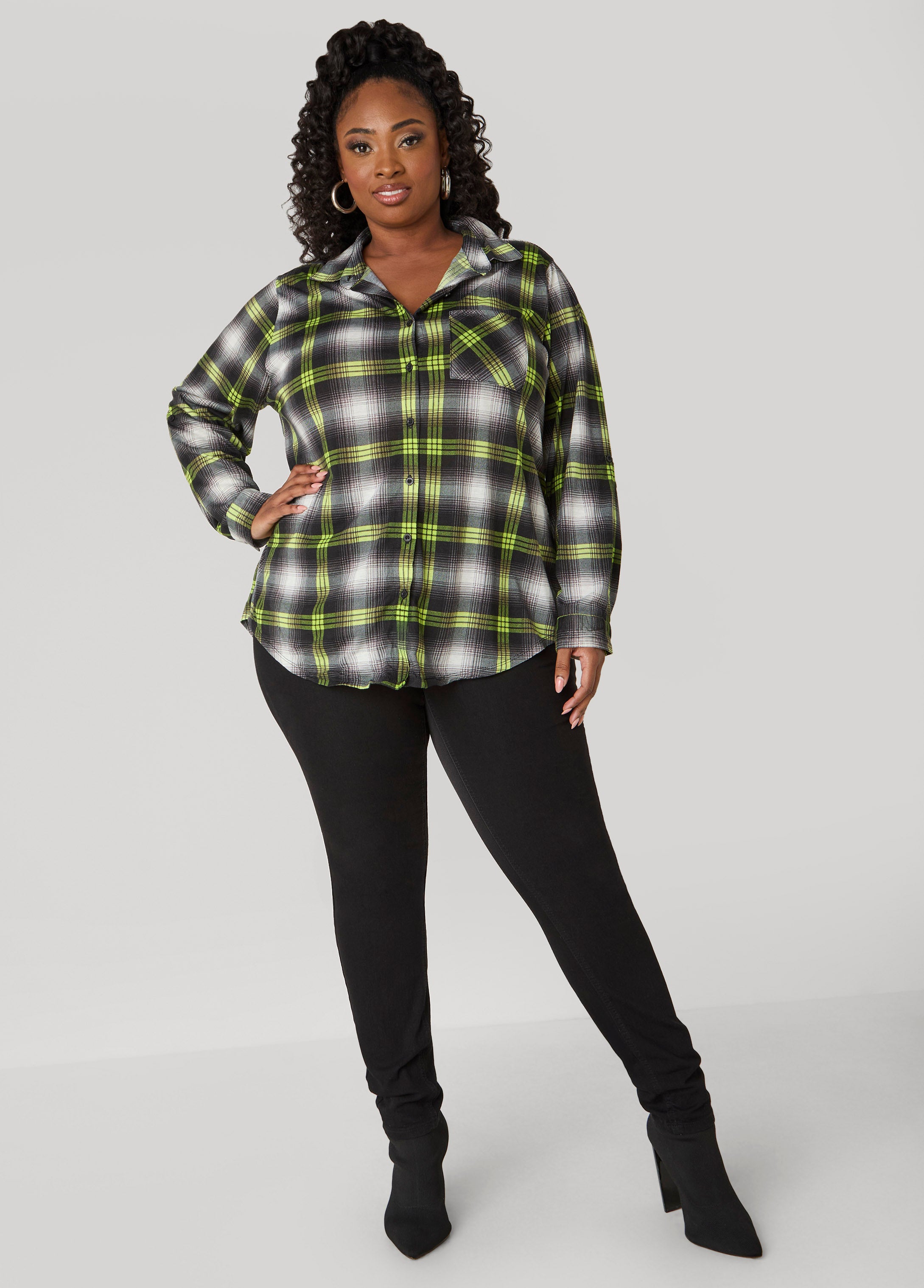 Plus Size Classic Plaid Shirt Plus Size Collared Shirt Long Sleeve Shirt