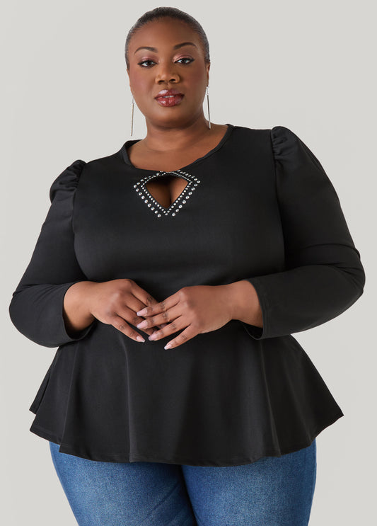 Plus Size Cutout Embellished Peplum Top