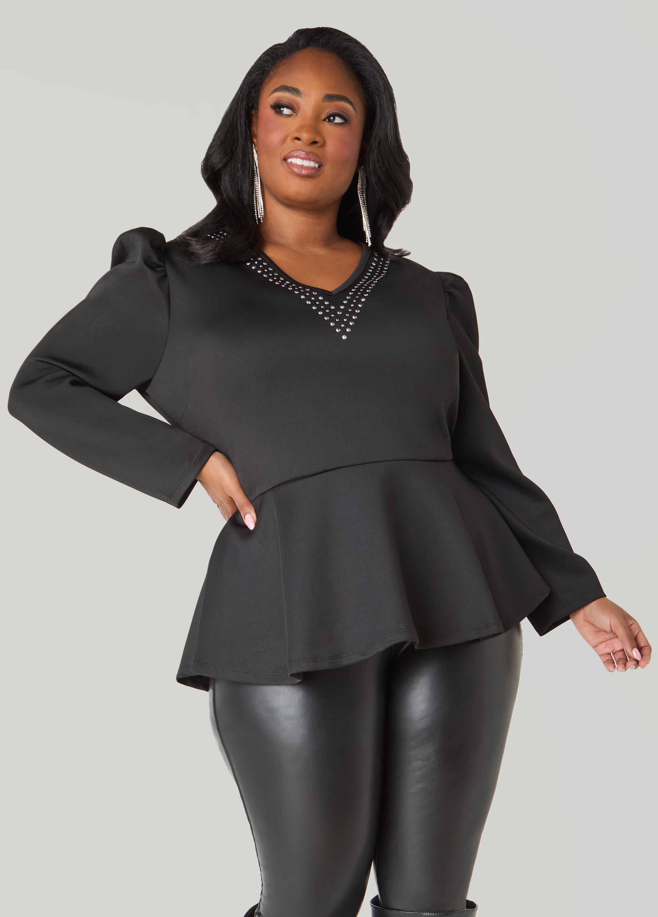 Plus Size Stone Embellished Peplum Top