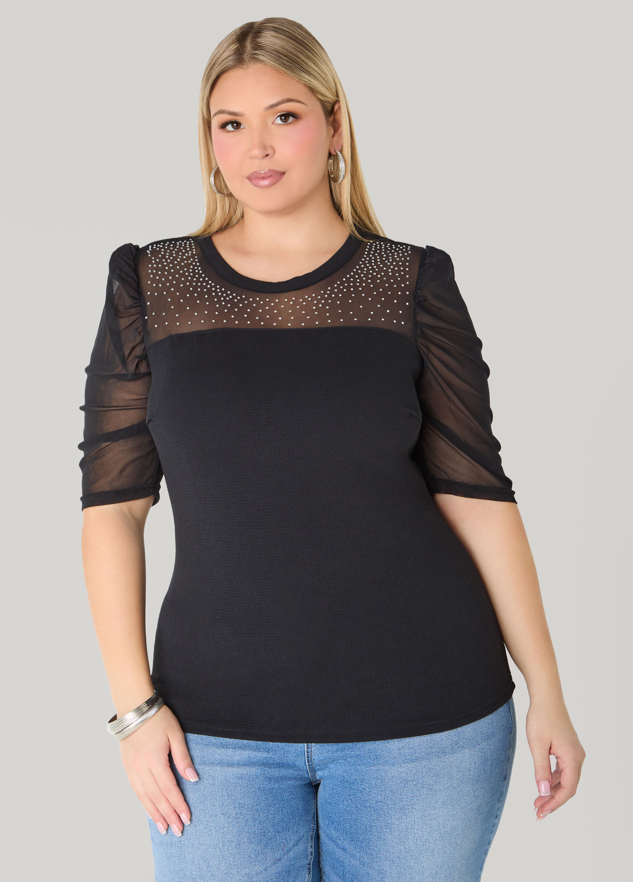 Plus Size Crystal Mesh Paneled Textured Top