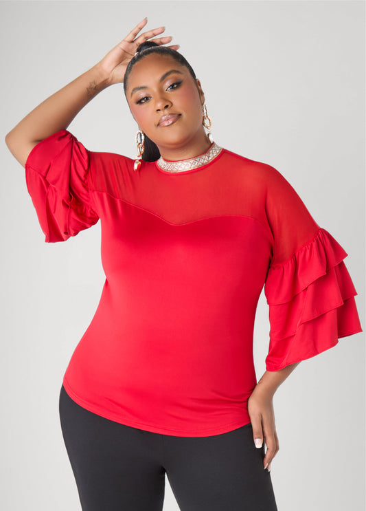 Plus Size Crystal Collar Mesh Paneled Top