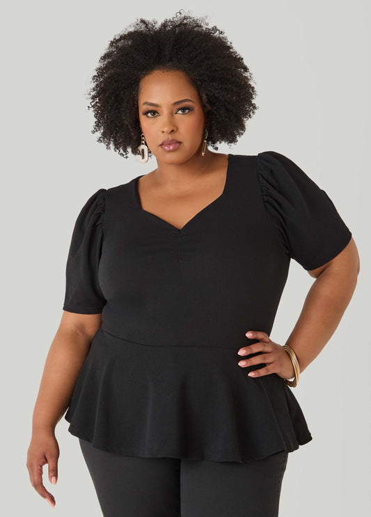 Puff Sleeved Textured Peplum Top