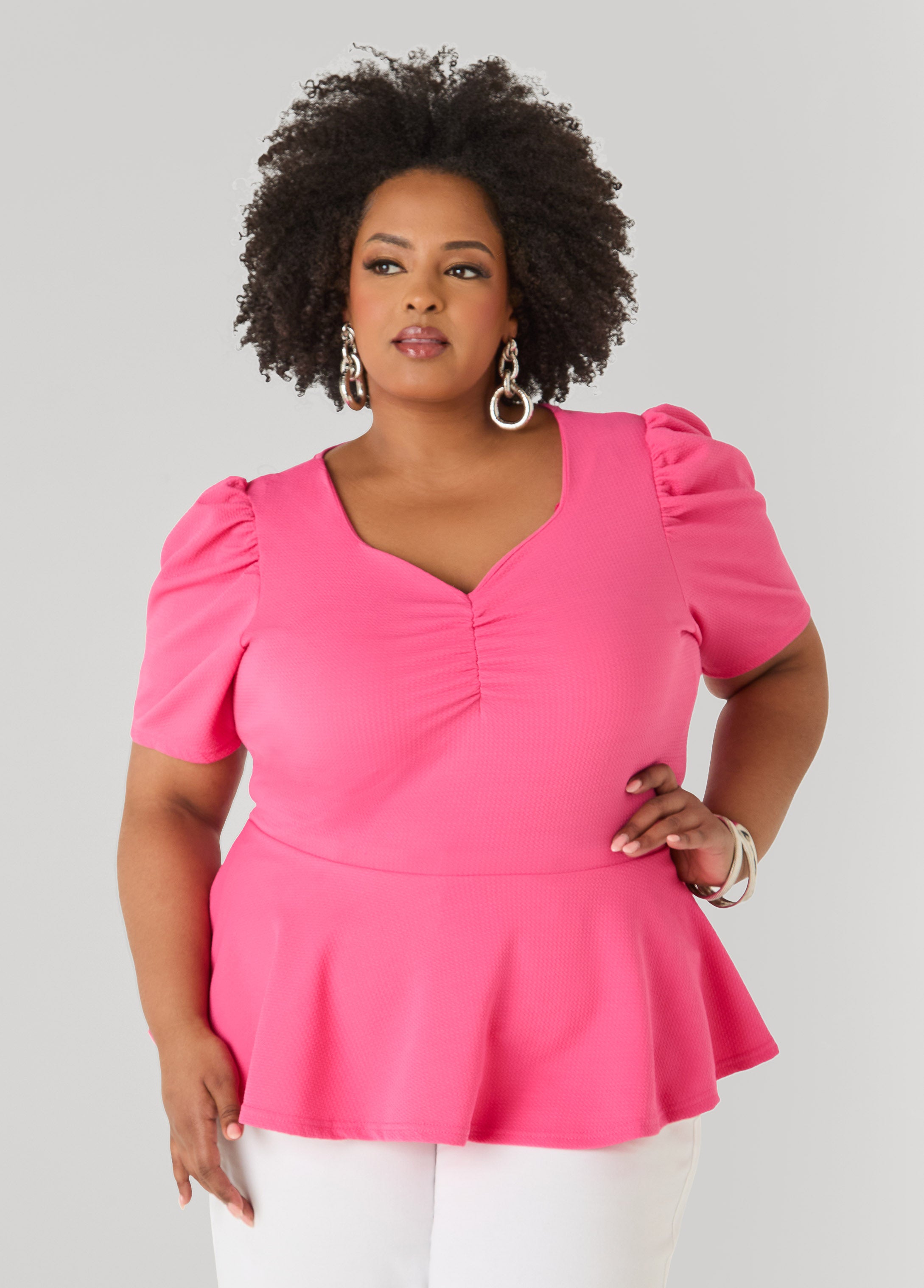 Puff Sleeved Textured Peplum Top – Ashley Stewart