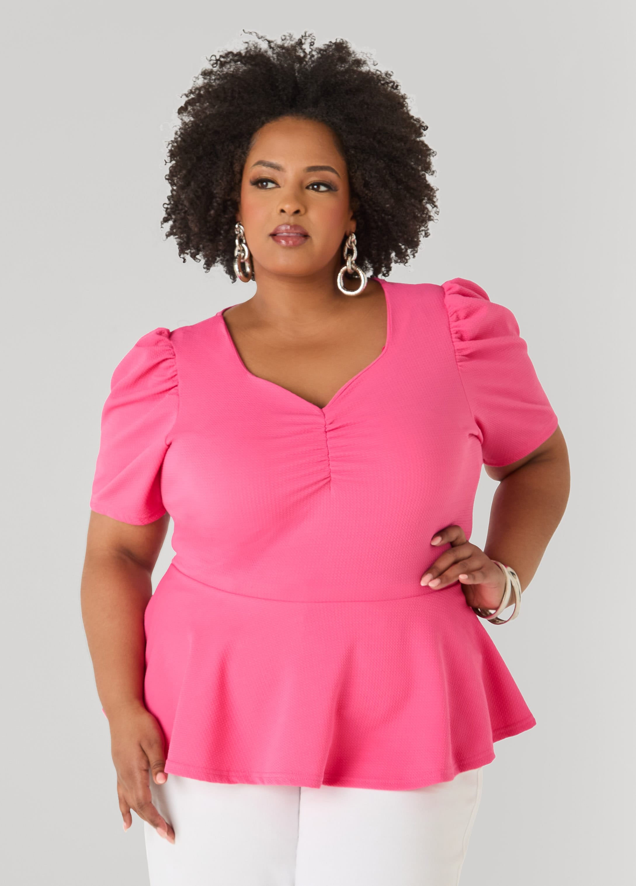 Puff Sleeved Textured Peplum Top – Ashley Stewart