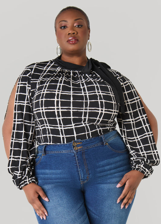 Plus Size Windowpane Split Sleeved Top