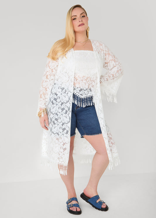 Fringed Floral Lace Duster