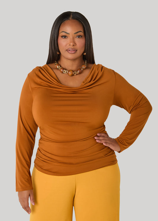 Draped Neck Stretch Knit Top