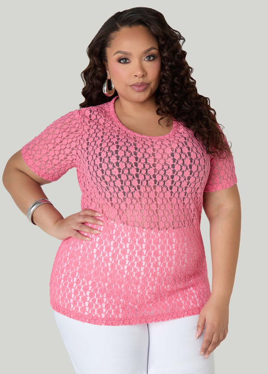 Plus Size Sheer Mesh Short Sleeve T Shirt Floral Tee